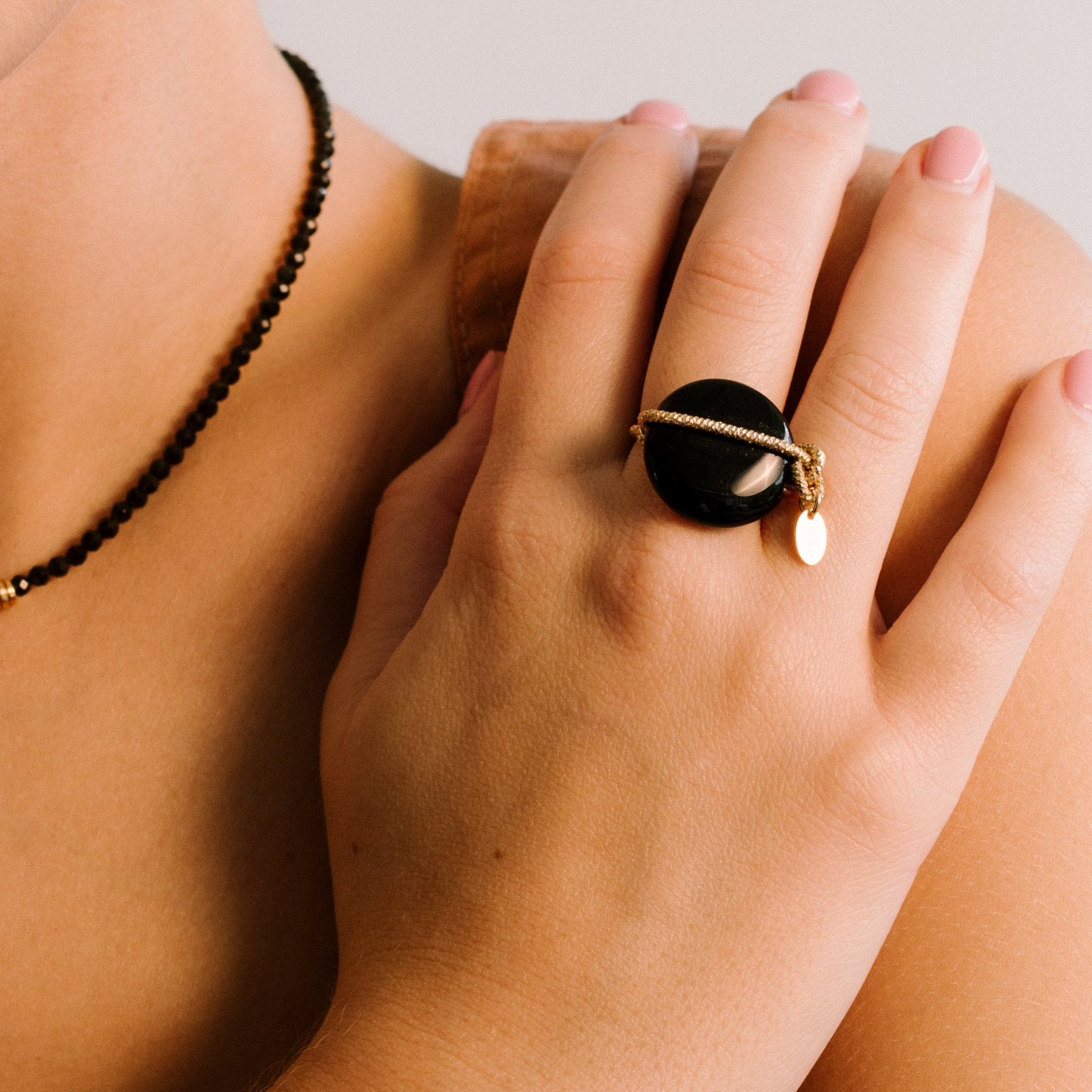 Calatea Ring #1 (30mm) - Black Agate & 14K Gold-Filled Rings TARBAY