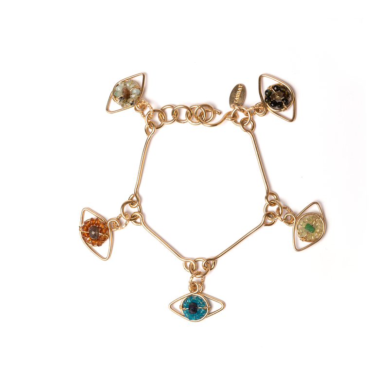 Ojos Bracelet with Five Pendants - Tourmaline, Andalusite, Emerald,  Peridot, Apatite, Blue Sapphire, Spessartite, Moon Stone & Chalcedony